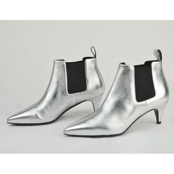 GUCCI BOOTS SILVER LEATHER ELASTIC SIDES KITTEN HEEL ANKLE BOOTIES sz 35.5 5.5